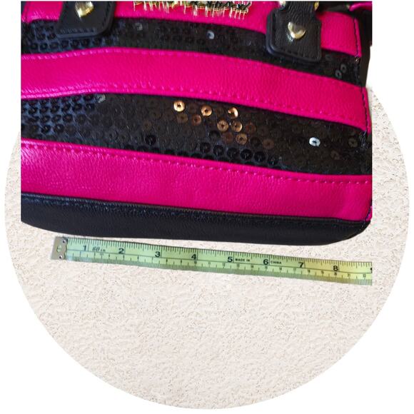 Betsey Johnson Hot Pink & Black Striped Sequin Small Satchel - Picture 8 of 12